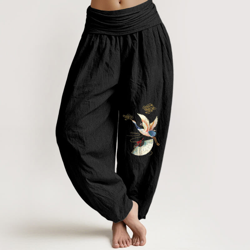 Pantalon harem en coton à taille élastique pour femme, orné d'un éventail pliant en forme de Buddha Stones, et d'un motif de nuages ​​porte-bonheur - Noir - US16，UK/AU20，EU48 (3XL) - image 14