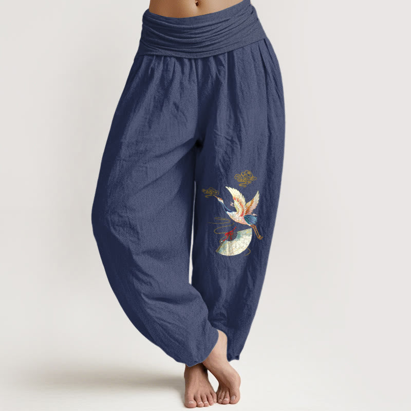 Pantalon harem en coton à taille élastique pour femme, orné d'un éventail pliant en forme de Buddha Stones, et d'un motif de nuages ​​porte-bonheur - Bleu ardoise foncé - US16，UK/AU20，EU48 (3XL) - image 0