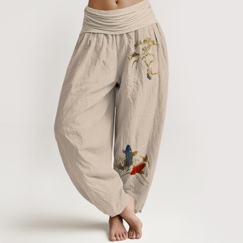 Pantalon harem à taille élastique pour femme, en pur coton, motif sapin et carpes koï , Buddha Stones - Tanné - US16，UK/AU20，EU48 (3XL) - image 11