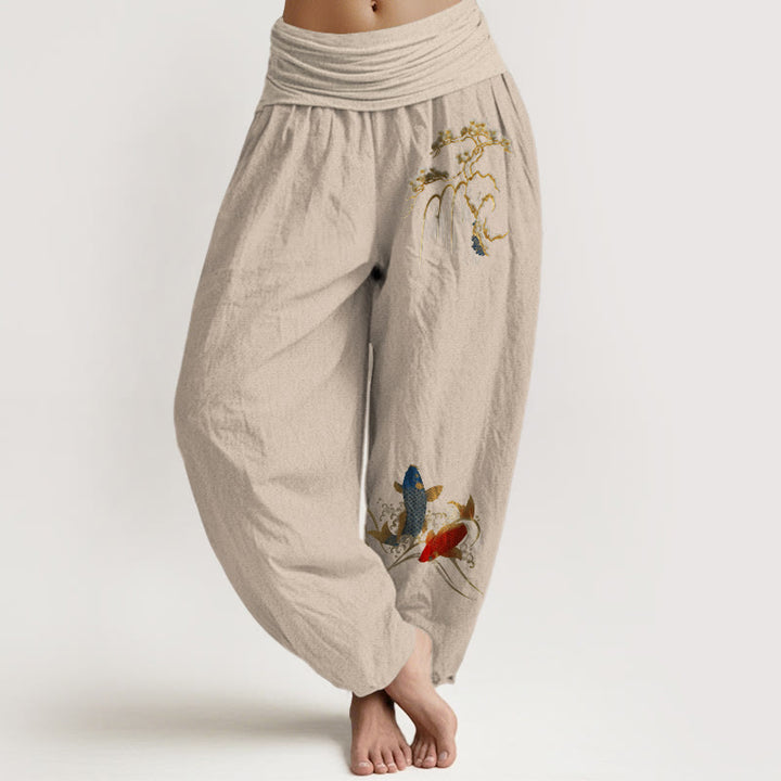 Pantalon harem à taille élastique pour femme, en pur coton, motif sapin et carpes koï , Buddha Stones - Tanné - US16，UK/AU20，EU48 (3XL) - image 11