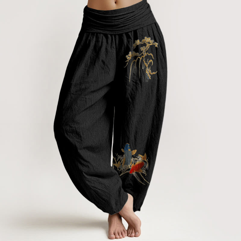Pantalon harem à taille élastique pour femme, en pur coton, motif sapin et carpes koï , Buddha Stones - Noir - US16，UK/AU20，EU48 (3XL) - image 0