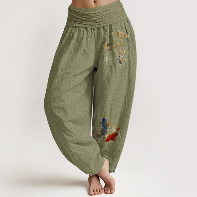 Pantalon harem à taille élastique pour femme, en pur coton, motif sapin et carpes koï , Buddha Stones - Vert olive - US16，UK/AU20，EU48 (3XL) - image 14