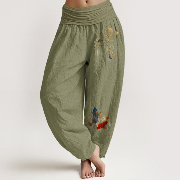 Pantalon harem à taille élastique pour femme, en pur coton, motif sapin et carpes koï , Buddha Stones - Vert olive - US16，UK/AU20，EU48 (3XL) - image 14
