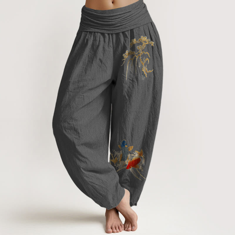 Pantalon harem à taille élastique pour femme, en pur coton, motif sapin et carpes koï , Buddha Stones - Gris terne - US16，UK/AU20，EU48 (3XL) - image 8