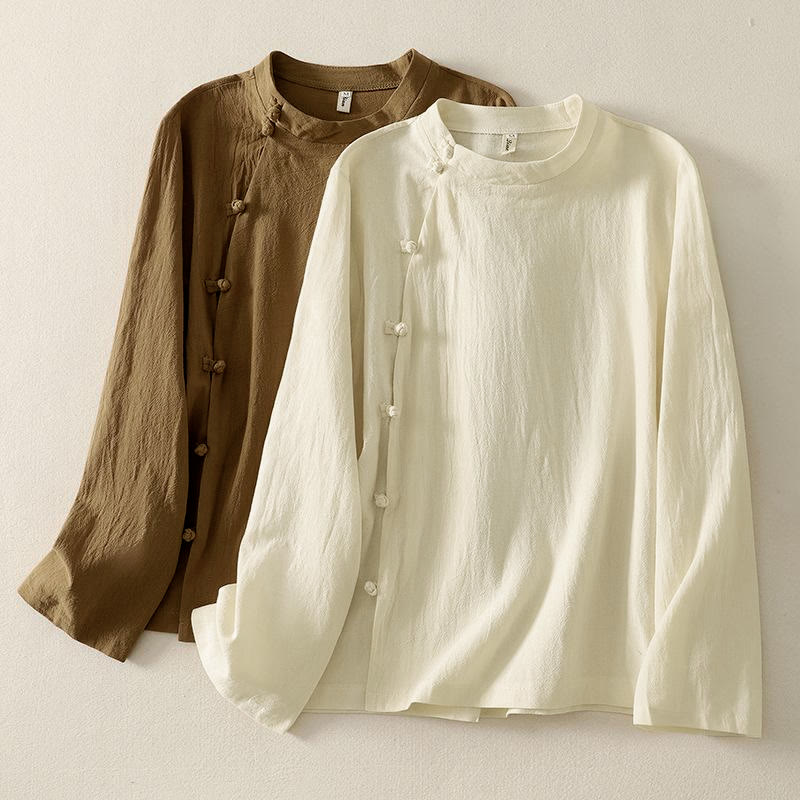 Chemise en coton à manches longues et boutons brandebourg asymétriques Buddha Stones pour femme - DarkGoldenrod - US8-10，UK/AU12-14，EU40-42 (2XL) - image 0