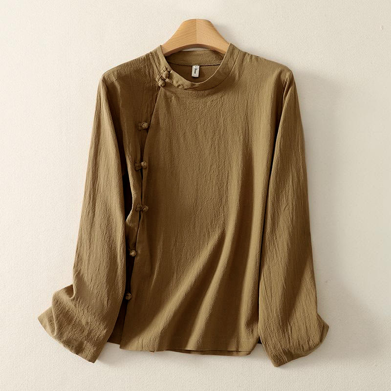 Chemise en coton à manches longues et boutons brandebourg asymétriques Buddha Stones pour femme - image 1