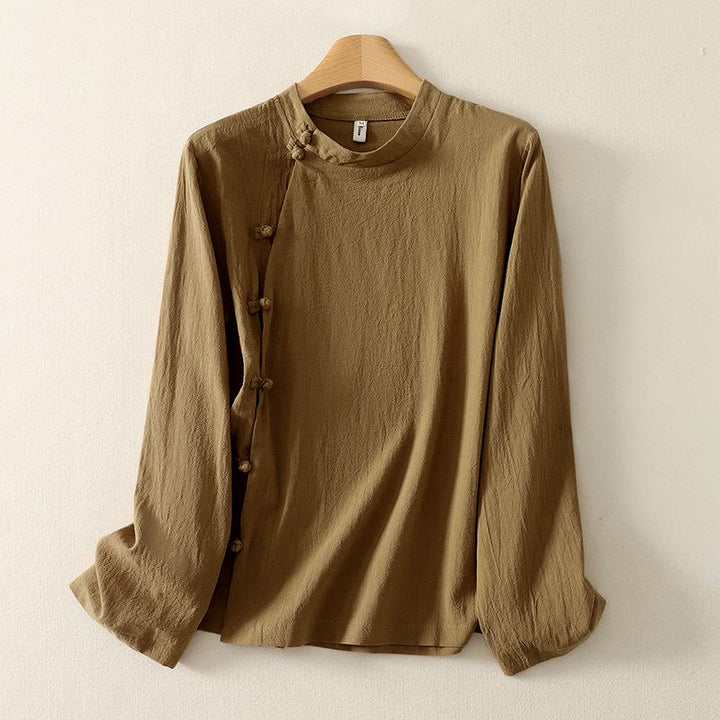 Chemise en coton à manches longues et boutons brandebourg asymétriques Buddha Stones pour femme - image 1
