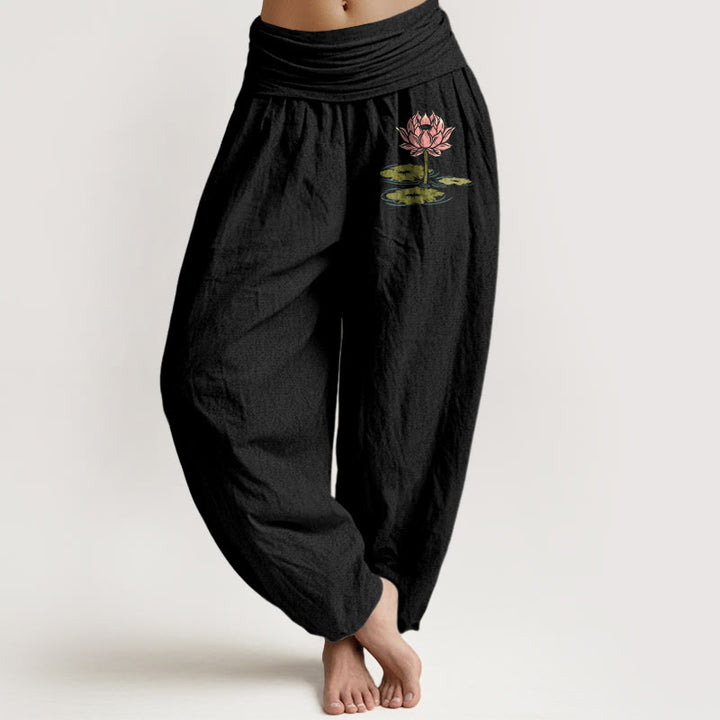 Pantalon harem à taille élastique pour femme, en pur coton, motif de feuilles de lotus et pierres de Buddha Stones - Noir - US16，UK/AU20，EU48 (3XL) - image 0