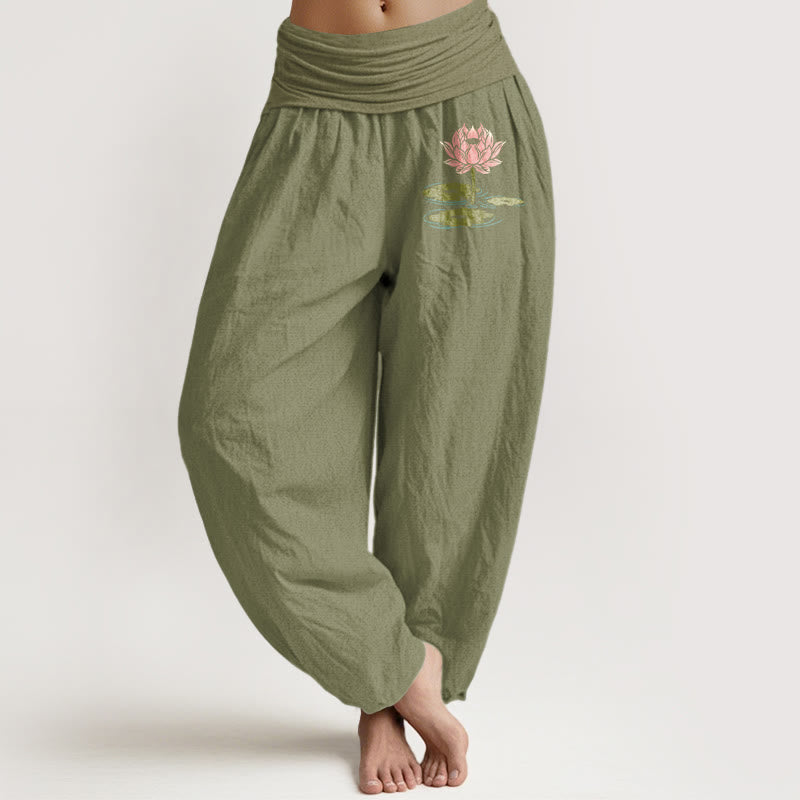 Pantalon harem à taille élastique pour femme, en pur coton, motif de feuilles de lotus et pierres de Buddha Stones - Vert olive - US16，UK/AU20，EU48 (3XL) - image 14