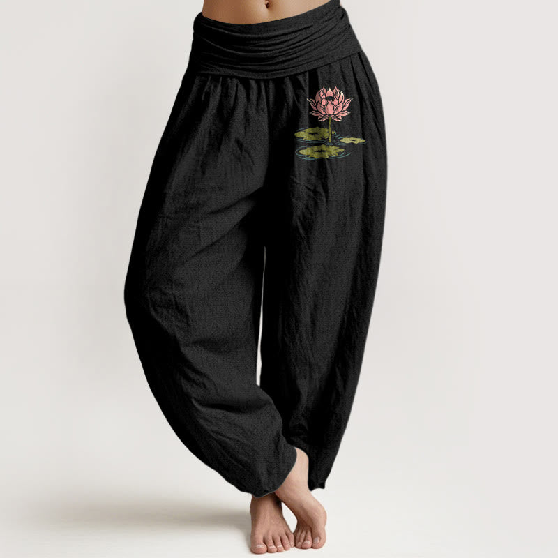 Pantalon harem à taille élastique pour femme, en pur coton, motif de feuilles de lotus et pierres de Buddha Stones - Noir - US16，UK/AU20，EU48 (3XL) - image 0
