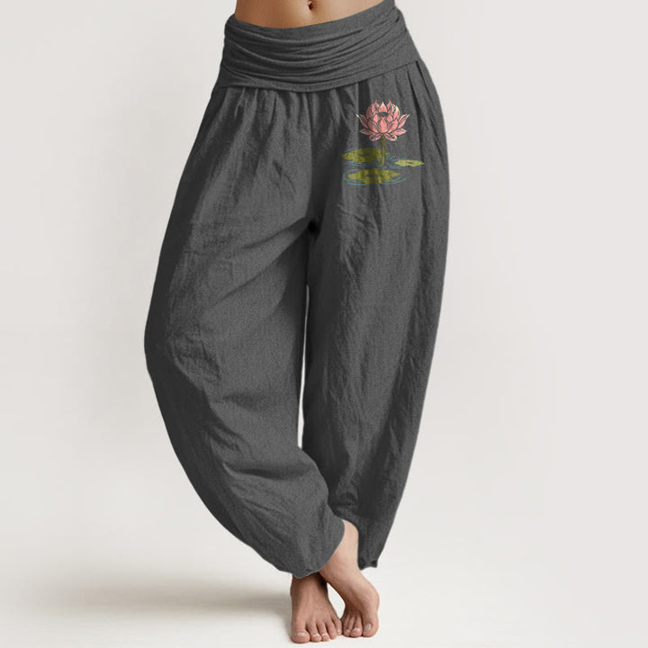 Pantalon harem à taille élastique pour femme, en pur coton, motif de feuilles de lotus et pierres de Buddha Stones - Gris terne - US16，UK/AU20，EU48 (3XL) - image 8