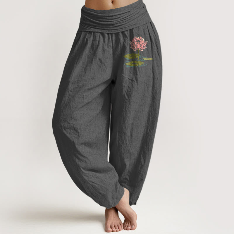 Pantalon harem à taille élastique pour femme, en pur coton, motif de feuilles de lotus et pierres de Buddha Stones - Gris terne - US16，UK/AU20，EU48 (3XL) - image 8