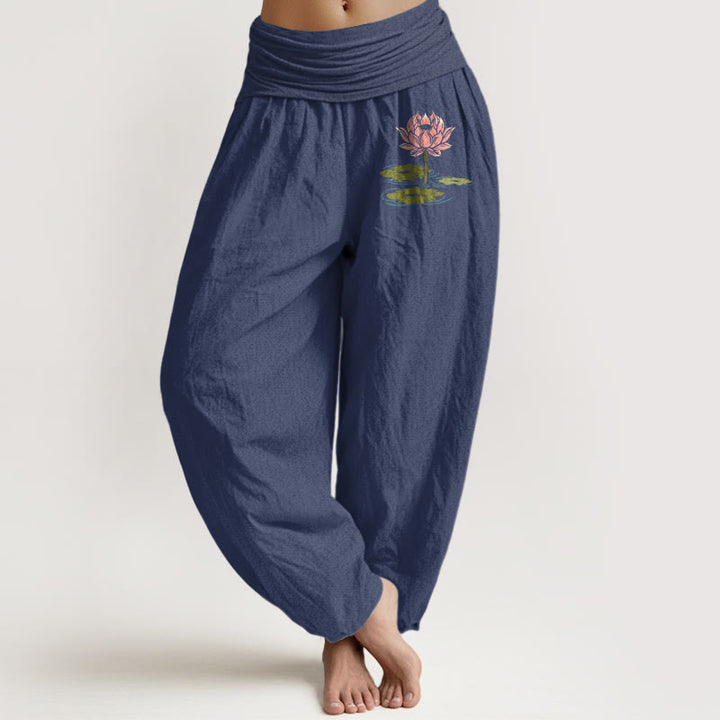 Pantalon harem à taille élastique pour femme, en pur coton, motif de feuilles de lotus et pierres de Buddha Stones - Bleu ardoise foncé - US16，UK/AU20，EU48 (3XL) - image 5