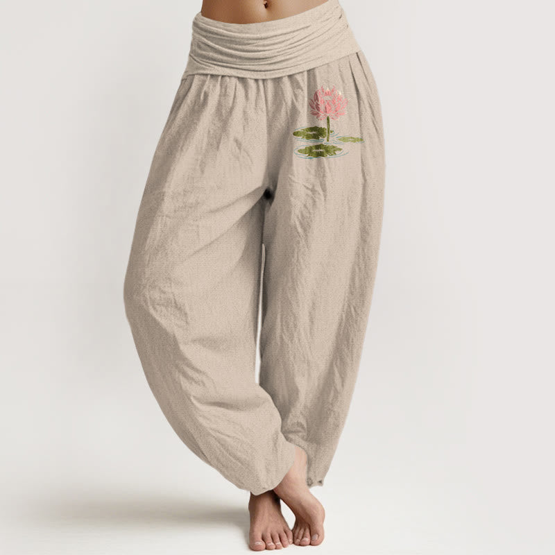 Pantalon harem à taille élastique pour femme, en pur coton, motif de feuilles de lotus et pierres de Buddha Stones - Tanné - US16，UK/AU20，EU48 (3XL) - image 11