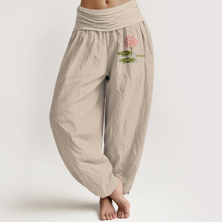 Pantalon harem à taille élastique pour femme, en pur coton, motif de feuilles de lotus et pierres de Buddha Stones - Tanné - US16，UK/AU20，EU48 (3XL) - image 11