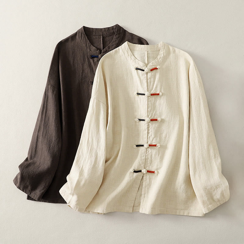 Chemise à manches longues pour femme en coton et lin, style zen, ornée de boutons grenouille et de Buddha Stones - SaddleBrown - US8-10，UK/AU12-14，EU40-42 (2XL) - image 0