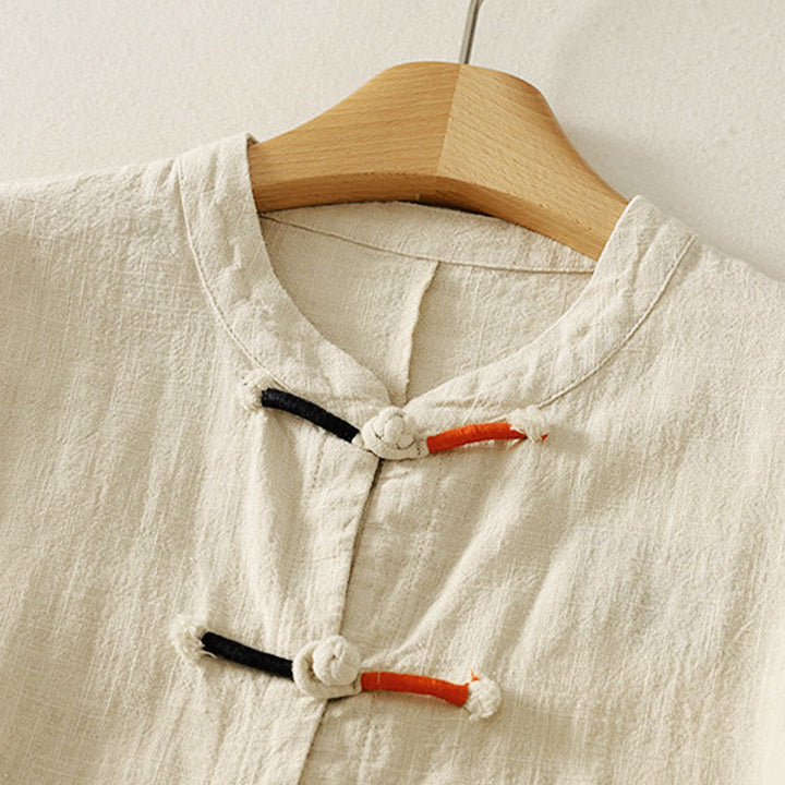 Chemise à manches longues pour femme en coton et lin, style zen, ornée de boutons grenouille et de Buddha Stones - image 8