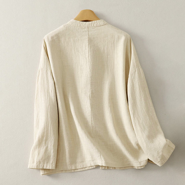 Chemise à manches longues pour femme en coton et lin, style zen, ornée de boutons grenouille et de Buddha Stones - image 7