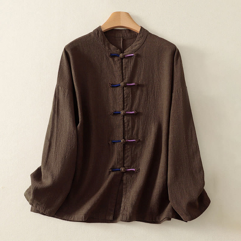 Chemise à manches longues pour femme en coton et lin, style zen, ornée de boutons grenouille et de Buddha Stones - image 1