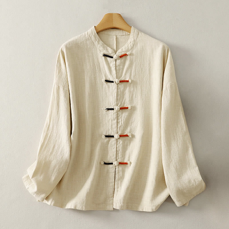 Chemise à manches longues pour femme en coton et lin, style zen, ornée de boutons grenouille et de Buddha Stones - Beige - US8-10，UK/AU12-14，EU40-42 (2XL) - image 6