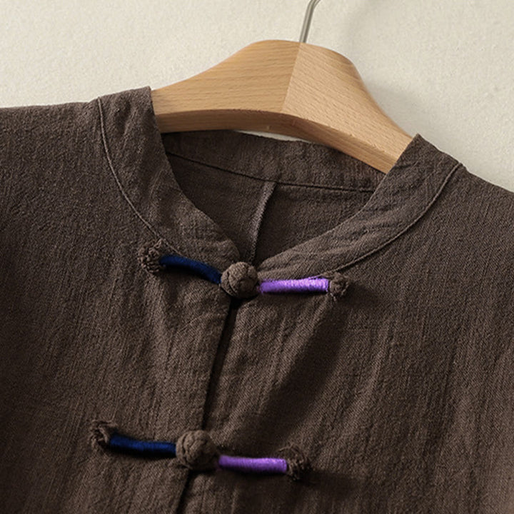 Chemise Zen en coton à manches longues pour femme, ornée de boutons grenouille et de motifs de Buddha Stones - image 2