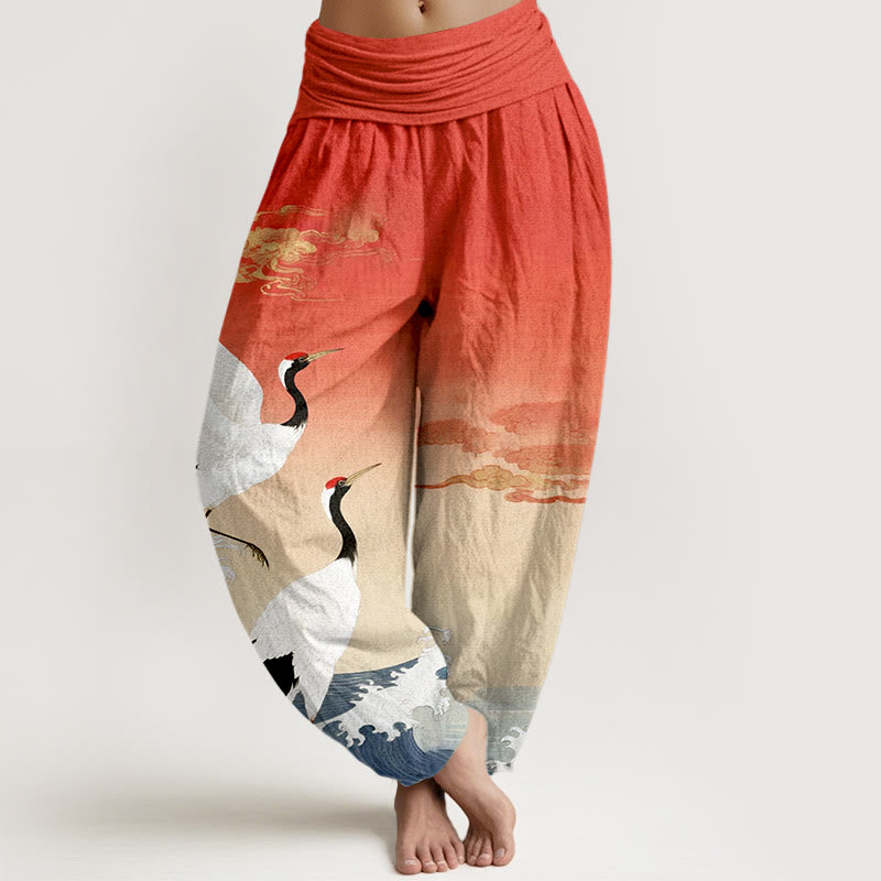 Pantalon harem à taille élastique pour femme, en pur coton, orné de Buddha Stones, de grues, de nuages ​​de bon augure et de l'océan - Tomate - US16，UK/AU20，EU48 (3XL) - image 0