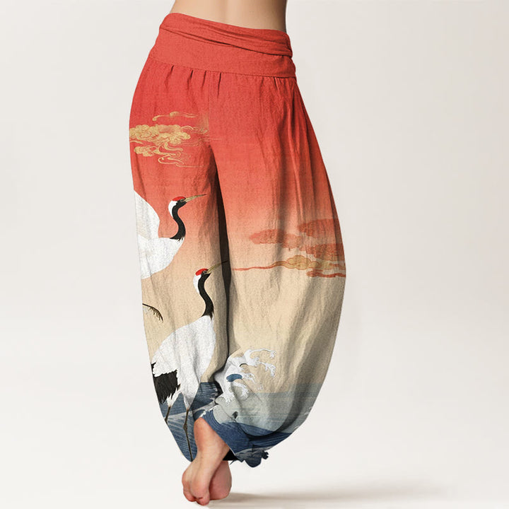 Pantalon harem à taille élastique pour femme, en pur coton, orné de Buddha Stones, de grues, de nuages ​​de bon augure et de l'océan - image 2