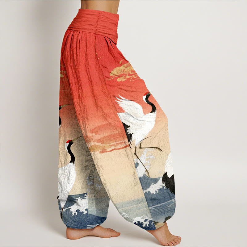 Pantalon harem à taille élastique pour femme, en pur coton, orné de Buddha Stones, de grues, de nuages ​​de bon augure et de l'océan - image 1