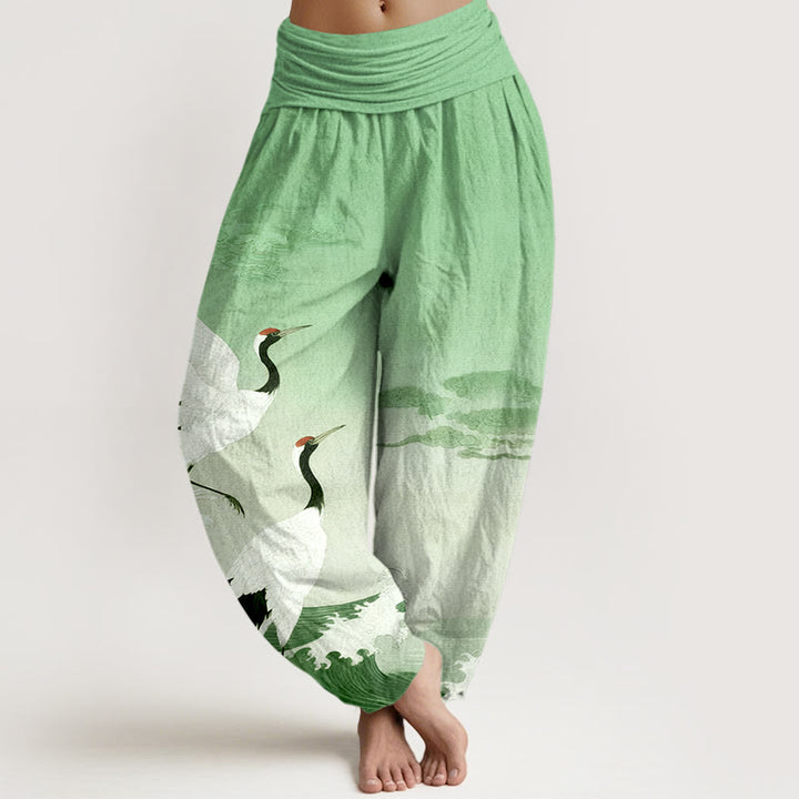Pantalon harem à taille élastique pour femme, en pur coton, orné de Buddha Stones, de grues, de nuages ​​de bon augure et de l'océan - Vert clair - US16，UK/AU20，EU48 (3XL) - image 5