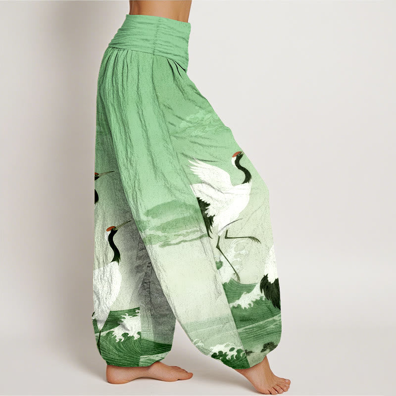 Pantalon harem à taille élastique pour femme, en pur coton, orné de Buddha Stones, de grues, de nuages ​​de bon augure et de l'océan - image 7