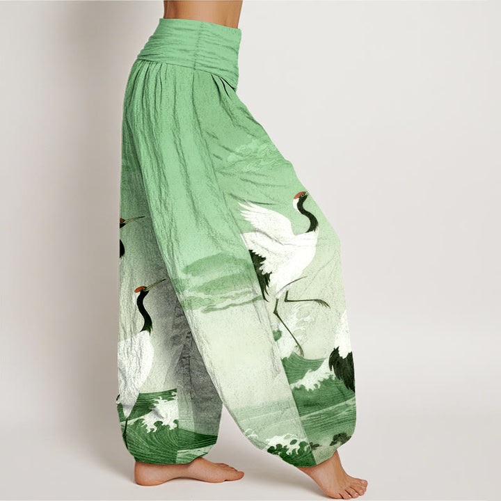 Pantalon harem à taille élastique pour femme, en pur coton, orné de Buddha Stones, de grues, de nuages ​​de bon augure et de l'océan - image 7