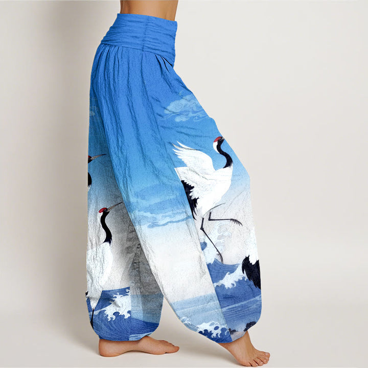 Pantalon harem à taille élastique pour femme, en pur coton, orné de Buddha Stones, de grues, de nuages ​​de bon augure et de l'océan - image 10