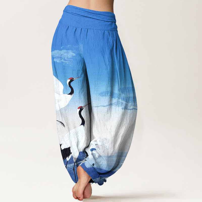 Pantalon harem à taille élastique pour femme, en pur coton, orné de Buddha Stones, de grues, de nuages ​​de bon augure et de l'océan - image 9