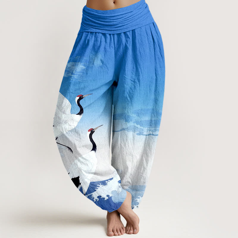 Pantalon harem à taille élastique pour femme, en pur coton, orné de Buddha Stones, de grues, de nuages ​​de bon augure et de l'océan - Bleu ciel clair - US16，UK/AU20，EU48 (3XL) - image 8