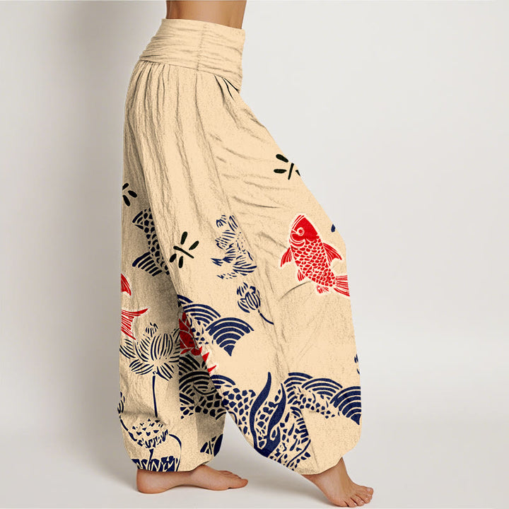 Pantalon harem taille élastique pour femme, en pur coton, à Buddha Stones , de carpes koï et de fleurs de lotus. - image 2