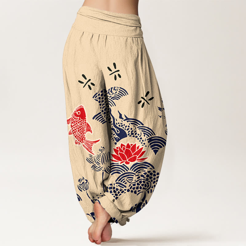 Pantalon harem taille élastique pour femme, en pur coton, à Buddha Stones , de carpes koï et de fleurs de lotus. - image 1