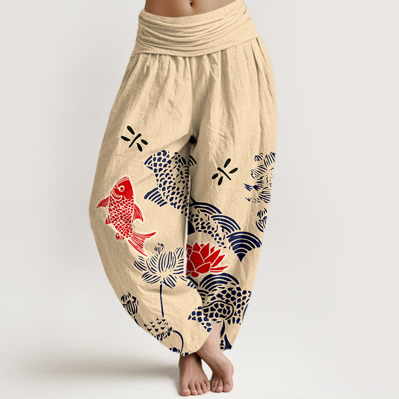 Pantalon harem taille élastique pour femme, en pur coton, à Buddha Stones , de carpes koï et de fleurs de lotus. - PapayaWhip - US16，UK/AU20，EU48 (3XL) - image 0
