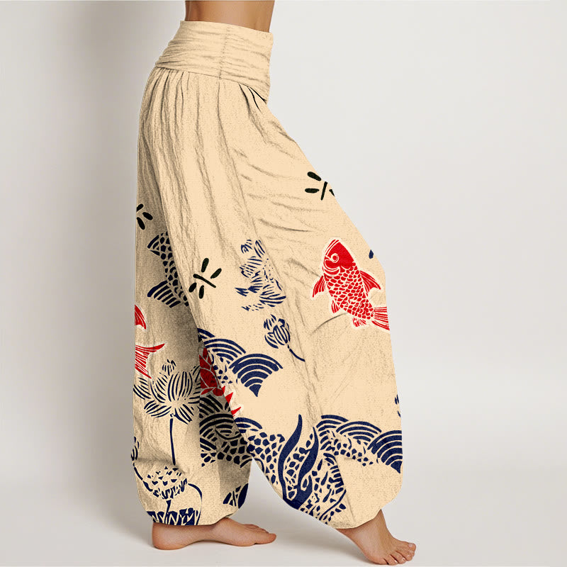 Pantalon harem taille élastique pour femme, en pur coton, à Buddha Stones , de carpes koï et de fleurs de lotus. - image 2