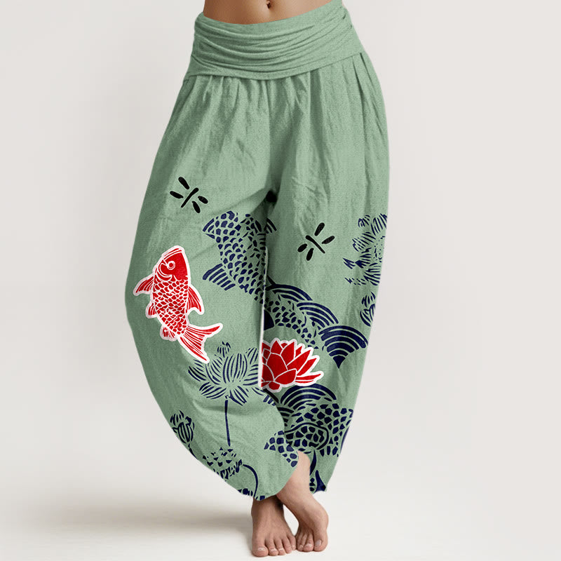 Pantalon harem taille élastique pour femme, en pur coton, à Buddha Stones , de carpes koï et de fleurs de lotus. - Aigue-marine moyenne - US16，UK/AU20，EU48 (3XL) - image 5