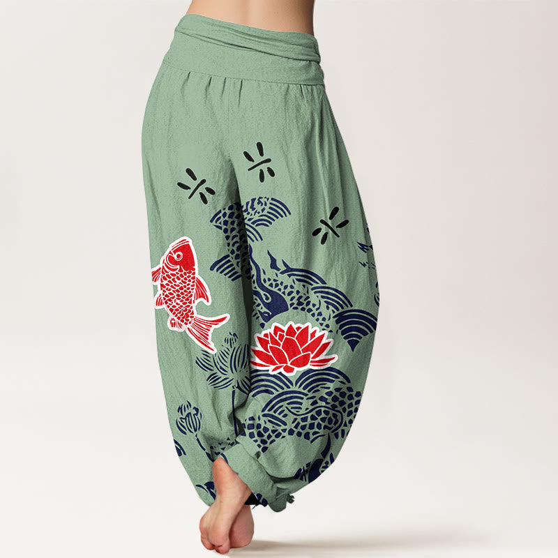 Pantalon harem taille élastique pour femme, en pur coton, à Buddha Stones , de carpes koï et de fleurs de lotus. - image 6