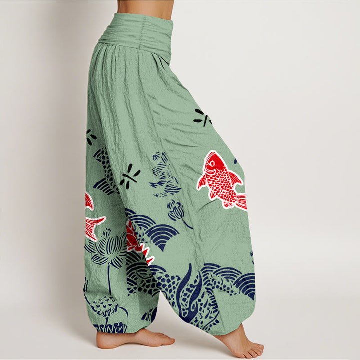 Pantalon harem taille élastique pour femme, en pur coton, à Buddha Stones , de carpes koï et de fleurs de lotus. - image 7