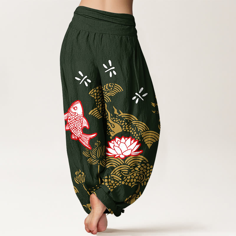 Pantalon harem taille élastique pour femme, en pur coton, à Buddha Stones , de carpes koï et de fleurs de lotus. - image 9