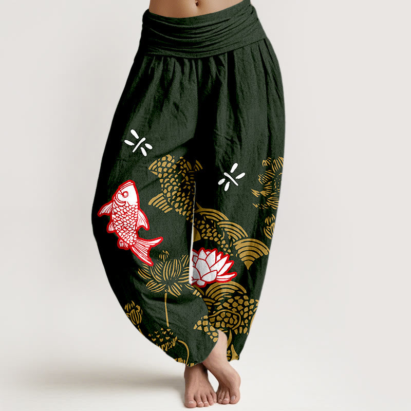 Pantalon harem taille élastique pour femme, en pur coton, à Buddha Stones , de carpes koï et de fleurs de lotus. - Vert foncé - US16，UK/AU20，EU48 (3XL) - image 8