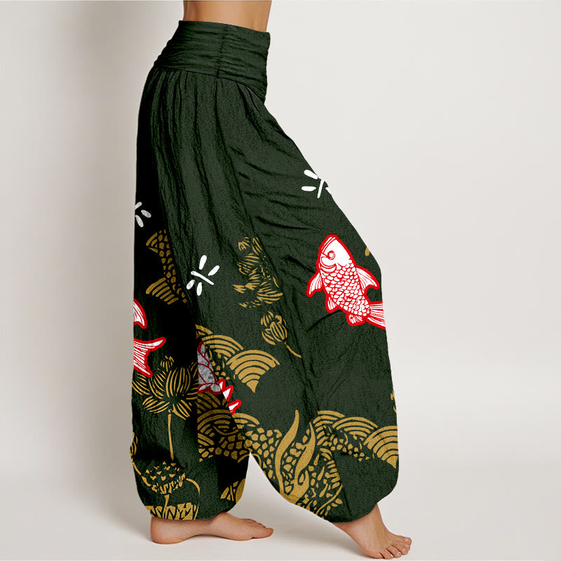 Pantalon harem taille élastique pour femme, en pur coton, à Buddha Stones , de carpes koï et de fleurs de lotus. - image 10