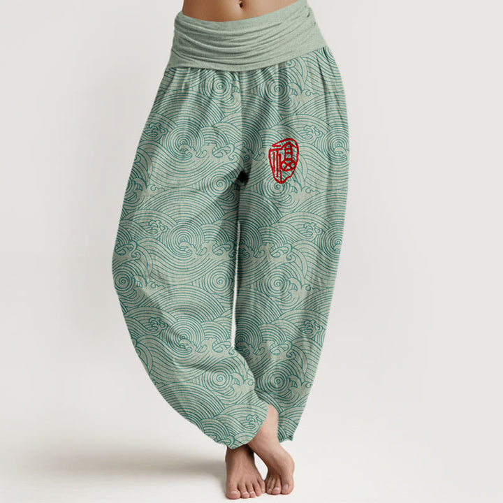Pantalon harem à taille élastique pour femme, en pur coton, motif vagues océaniques et Buddha Stones - Bleu vert - US16，UK/AU20，EU48 (3XL) - image 0