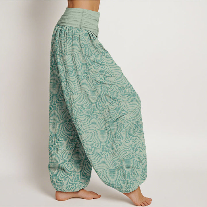 Pantalon harem à taille élastique pour femme, en pur coton, motif vagues océaniques et Buddha Stones - image 2