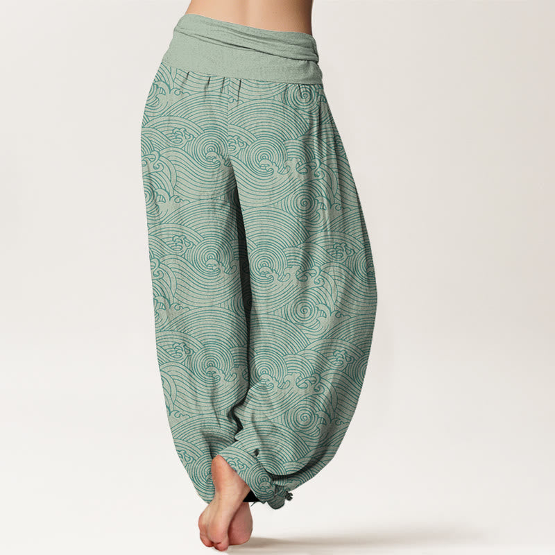 Pantalon harem à taille élastique pour femme, en pur coton, motif vagues océaniques et Buddha Stones - image 1