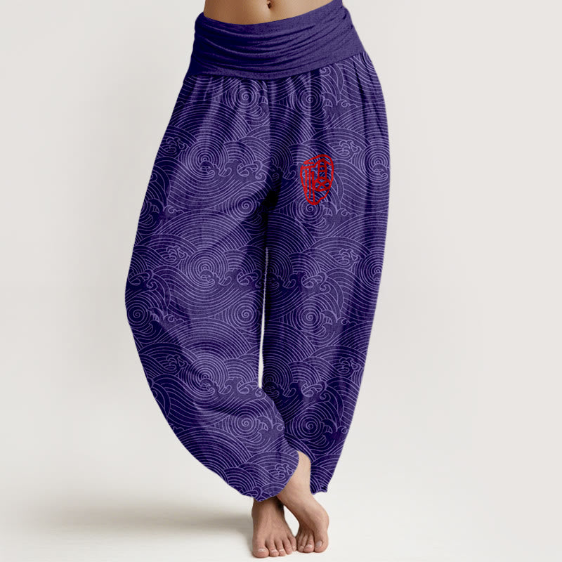 Pantalon harem à taille élastique pour femme, en pur coton, motif vagues océaniques et Buddha Stones - Violette sombre - US16，UK/AU20，EU48 (3XL) - image 5