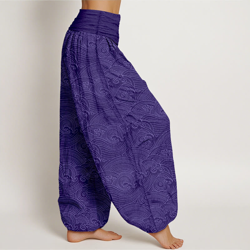 Pantalon harem à taille élastique pour femme, en pur coton, motif vagues océaniques et Buddha Stones - image 7