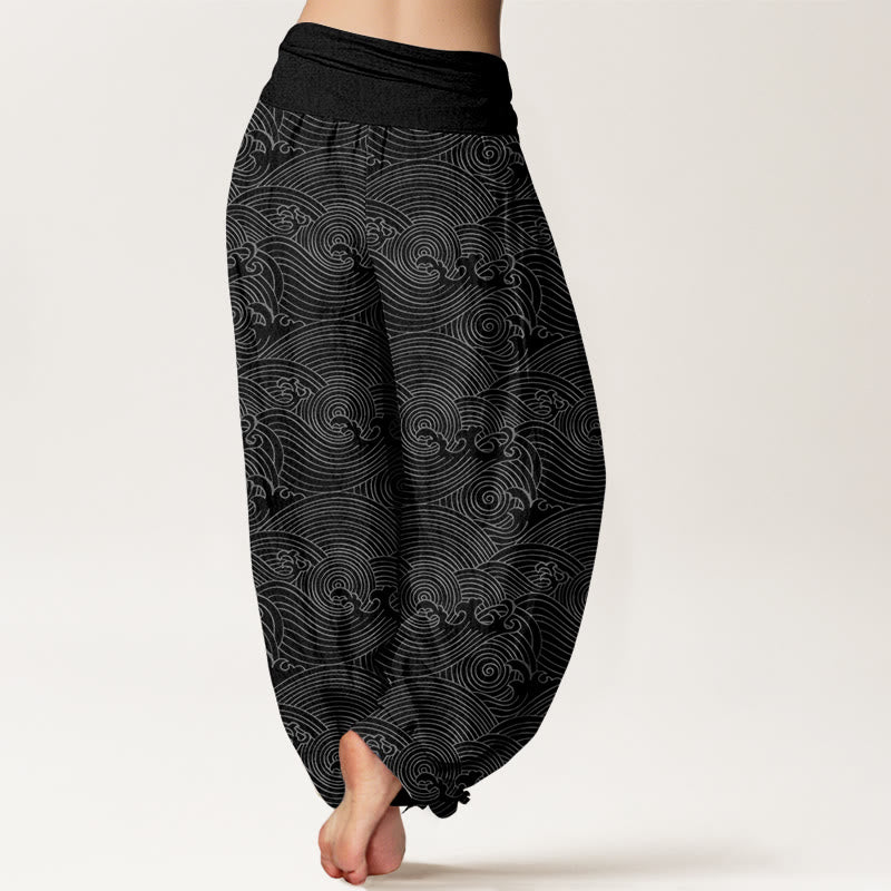 Pantalon harem à taille élastique pour femme, en pur coton, motif vagues océaniques et Buddha Stones - image 9